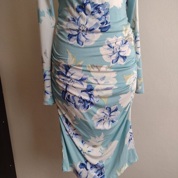 Yumi Kim Floral Maternity 5th Ave Dress L Wanderlust Jade Sky Blue Ruched Midi - Picture 5 of 11